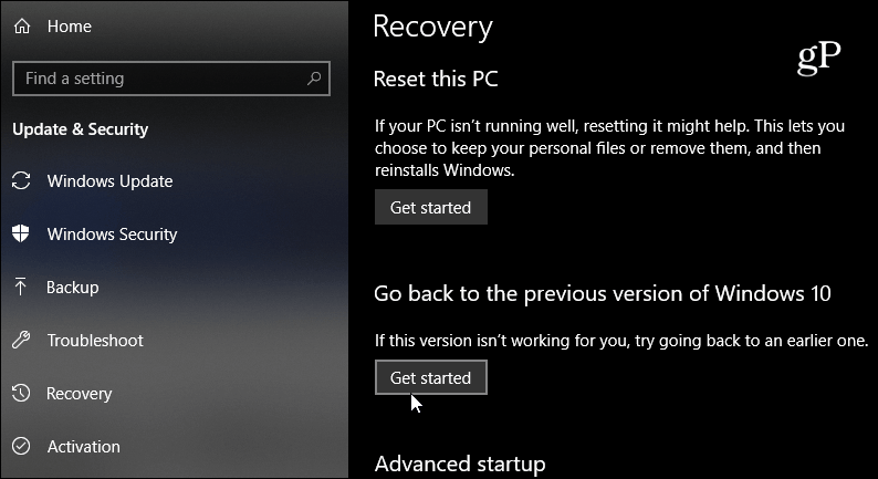grįžti į ankstesnę „Windows 10“ versiją
