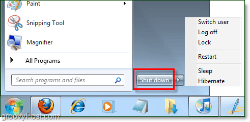 „Windows 7“ pradžios meniu įjungimo mygtukas su numatytosiomis ypatybėmis, kai ji išjungiama