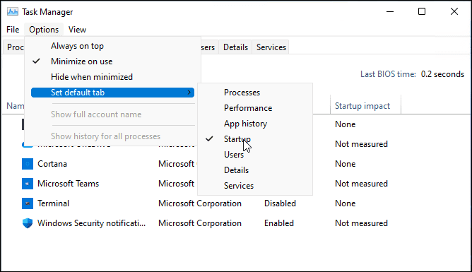 Pakeiskite užduočių tvarkyklės pradžios puslapį sistemoje „Windows 11“.