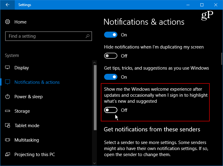 Slėpti erzinančio „Windows 10“ pasveikinimo ekraną po atnaujinimų