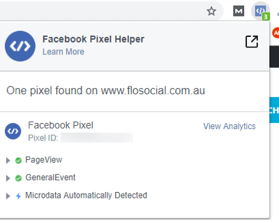Tinklalapio pavyzdyje naudokite „Facebook“ įvykių sąrankos įrankį, 12 veiksmą, „Facebook Pixel Helper“ plėtinio išsamią informaciją
