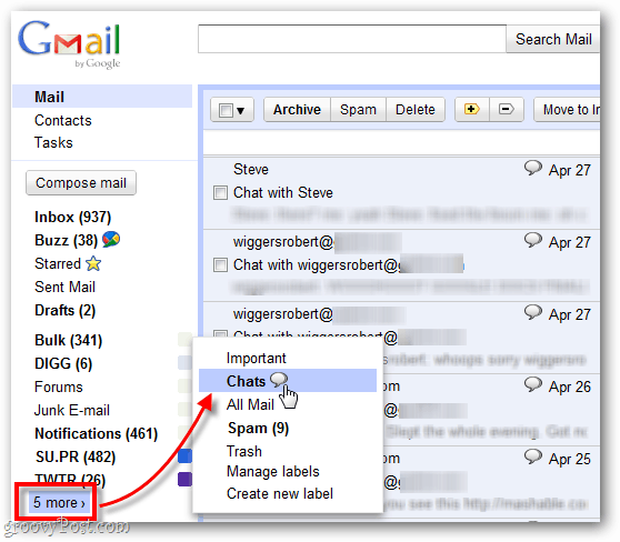 raskite senus įrašytus pokalbius „Gmail“