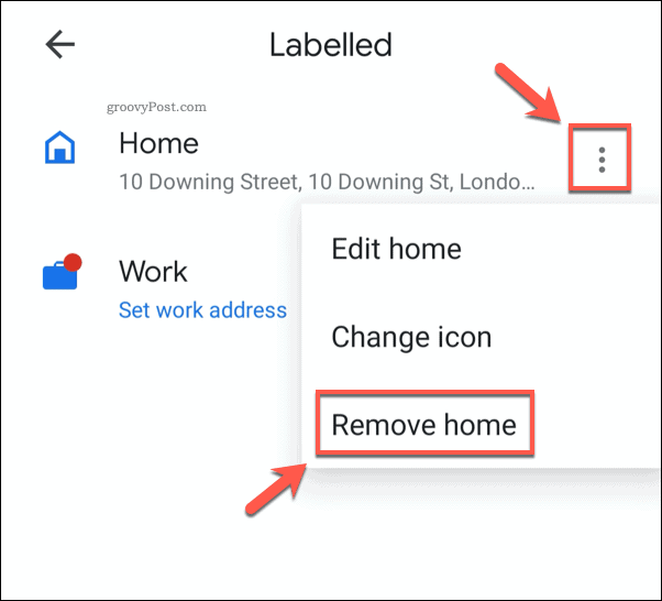 Išsaugoto namų adreso pašalinimas iš „Google Maps“ mobiliojo telefono