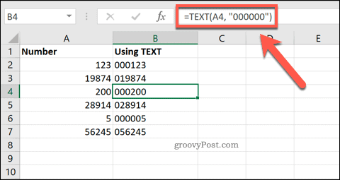 „TEXT“ naudojimas programoje „Excel“ norint pridėti priekinių nulių