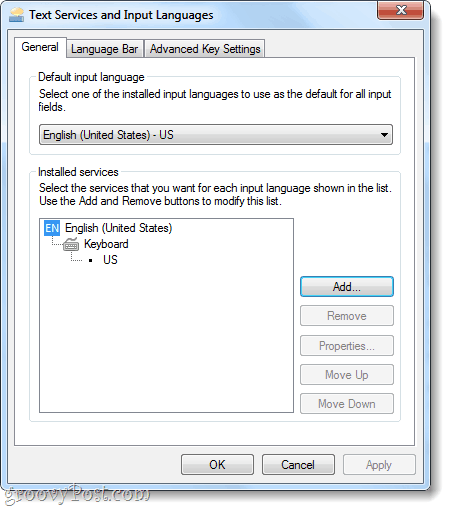 teksto paslaugos ir įvesties kalbos „Windows 7“