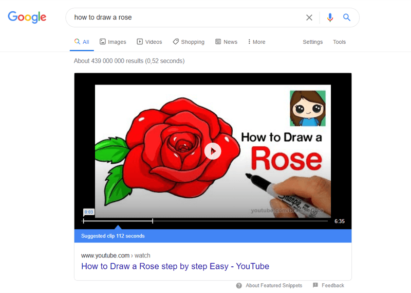 „youtube“ vaizdo įrašo pavyzdys „Google“ paieškos rezultatuose „kaip nupiešti rožę“