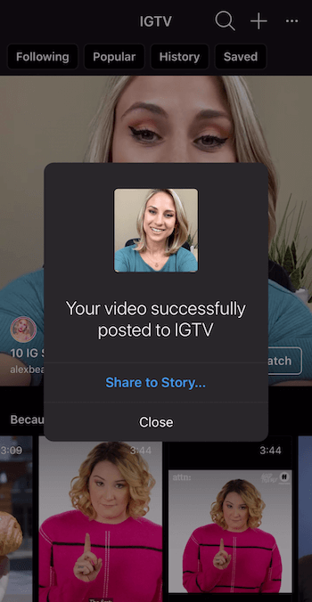 raginimas pasidalinti „IGTV“ vaizdo įrašu „Instagram Stories“