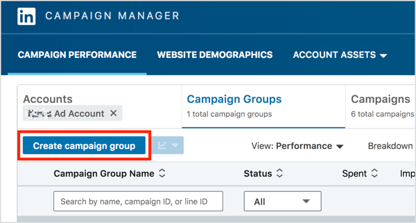 „LinkedIn Campaign Manager“ skirtuke „Kampanijų grupės“ spustelėkite mygtuką Sukurti kampanijų grupę.