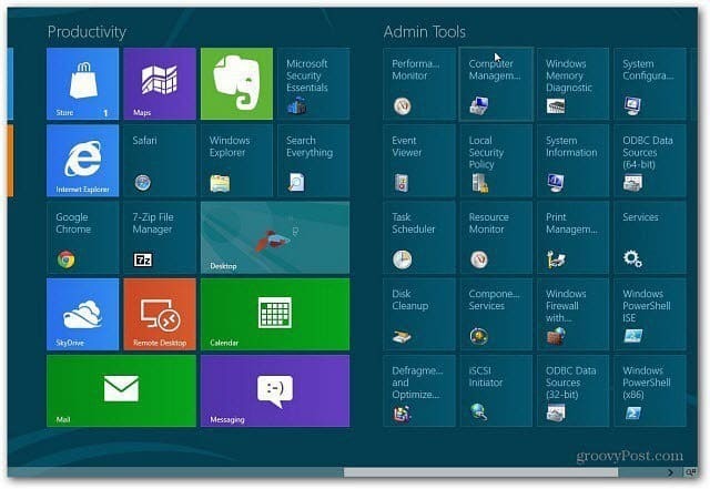 Pridėkite administracinius įrankius prie „Windows 8“ pradžios ekrano