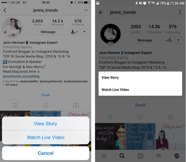 „Instagram“ profilio lankytojai gali pasirinkti, kurią parinktį peržiūrėti savo istorijose, jei turite ir vaizdo įrašo pakartojimą, ir istorijų įrašus.