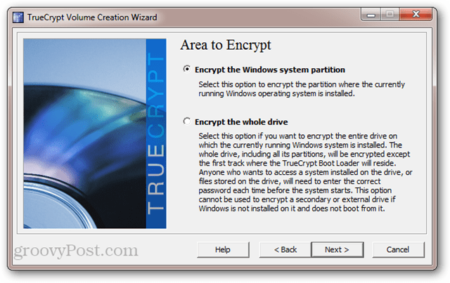 „TrueCrypt“: užšifruokite „Windows“ sistemos skaidinį vs. užšifruoti visą diską