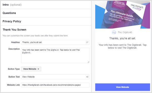 „Facebook“ pagrindinio skelbimo padėkos ekranas