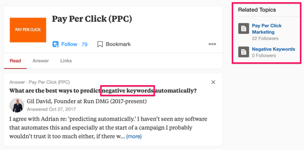 „Quora“ paieškos rezultatų, įskaitant paieškos terminą „PPC“ ir frazę „neigiami raktiniai žodžiai“, pavyzdys.