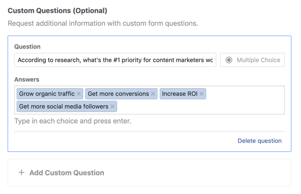 „Facebook“ potencialių klientų skelbimų kampanijos klausimo ir atsakymo variantų pavyzdžiai.