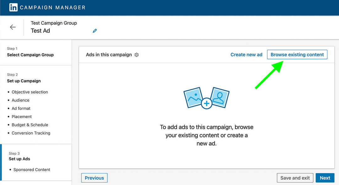 reklamos kampanijos-kaip-naudoti-social-proof-in-linkedin-ads-browse-existing-content-campaign-manager-example-12
