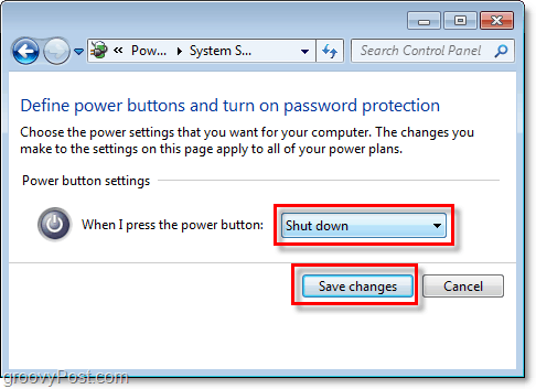 sureguliuokite, ką veiks „Windows 7“ išjungimo mygtukas, spustelėkite „Išsaugoti pakeitimus“, kad baigtumėte
