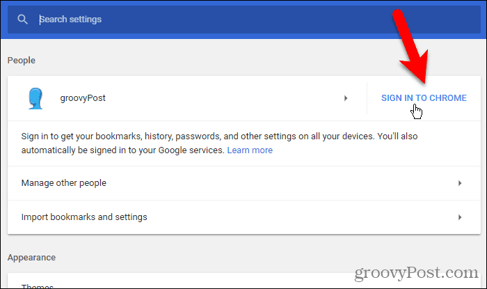 Spustelėkite Prisijungti prie „Chrome“ sistemoje „Windows“
