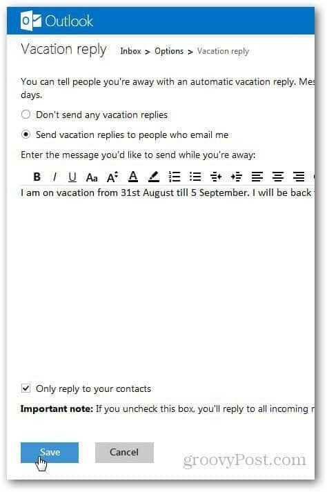 „Outlook“ 3 atostogų žinutė