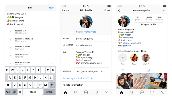 „Instagram“ dabar leidžia vartotojams susieti su keletu žymų ir kitų paskyrų iš savo profilio biografijos.