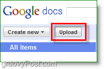 „Google“ dokumentų ekrano kopija - įkėlimo mygtukas