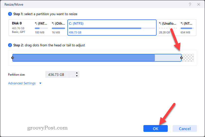 Pakeiskite skaidinio dydį „EaseUS“.