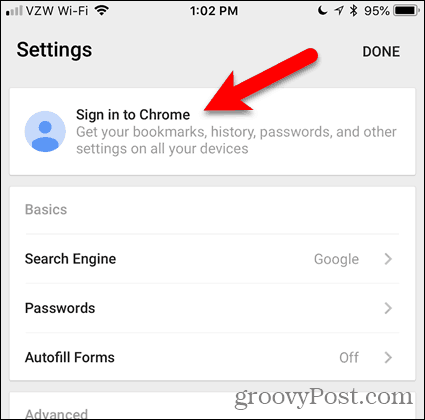 Bakstelėkite Prisijungti prie „Chrome“ „iOS“
