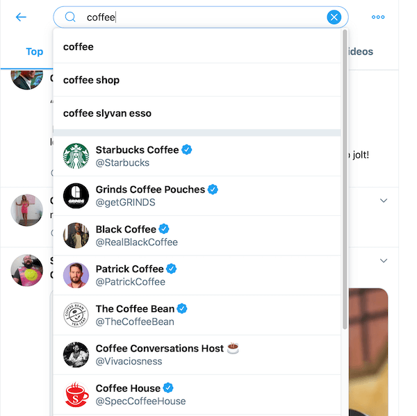 paieškos rezultatų pavyzdys ieškant kavos „twitter“ paieškos laukelyje