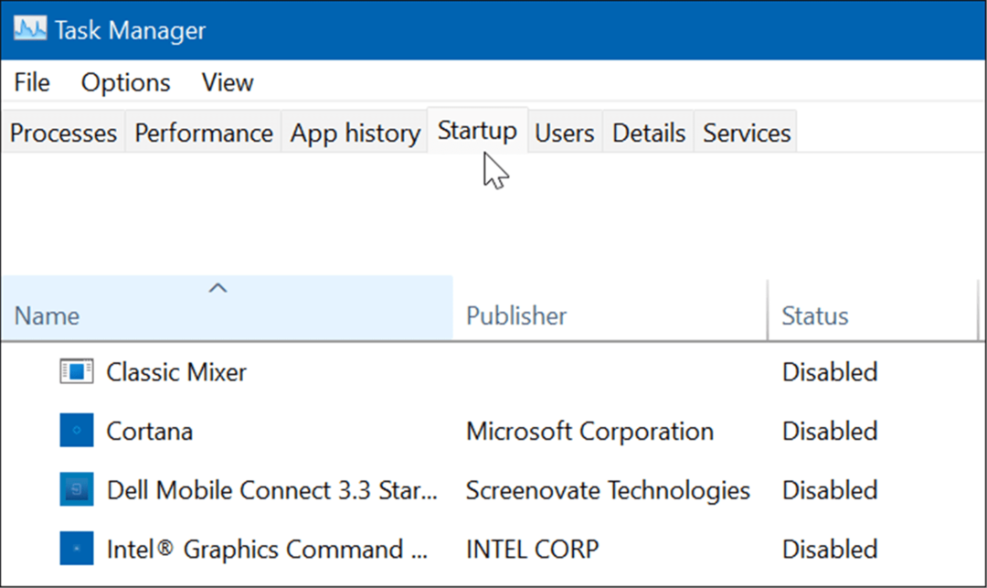 Užduočių tvarkyklės paleisties skirtukas „Windows 11“.