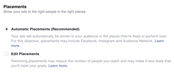 Pasirinkite „Facebook“ skelbimo paskirties vietas.