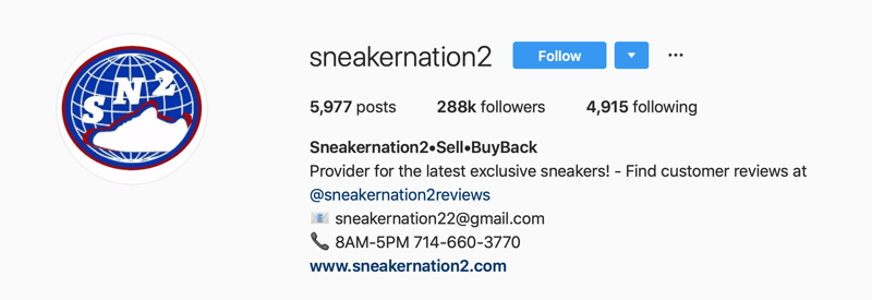 pirminė „SneakerNation2“ „Instagram“ paskyra