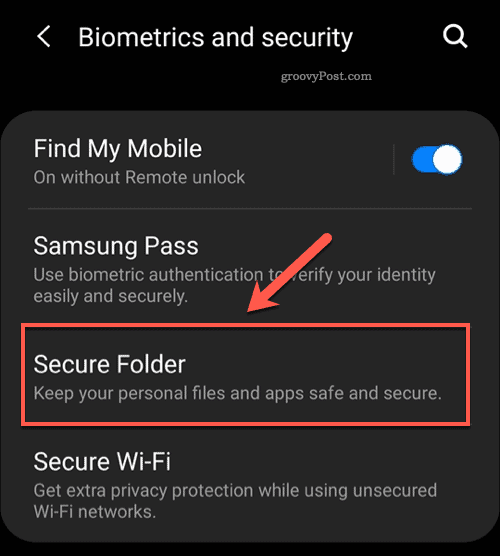 „Android Secure Folder“ meniu parinktis