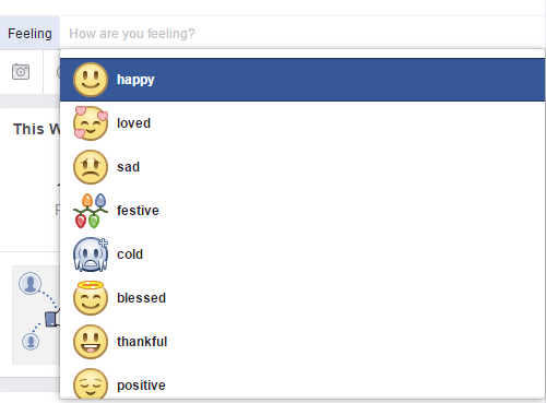 Pasirinkite jaustuką, kuris atspindi emociją, kurią norite išreikšti „Facebook“.