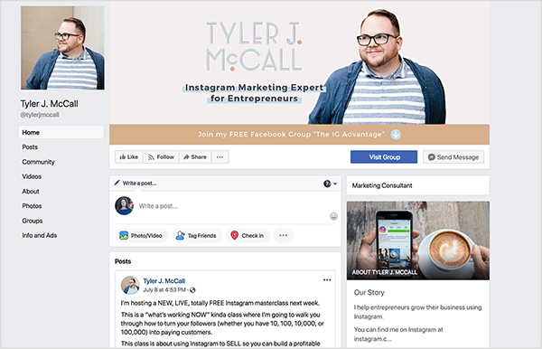 Taileris Dž. „McCall“ „Facebook“ puslapyje yra Tylerio nuotrauka su akiniais ir dryžuotais marškiniais. Jo viršelio nuotraukoje yra panaši Tailerio nuotrauka su tekstu „Tyler J. McCall, „Instagram“ rinkodaros ekspertas verslininkams. Žemiau įdegio juostoje baltas tekstas sako „Prisijunk prie mano nemokamos„ Facebook “grupės,„ IG Advantage ““, o šio teksto pabaigoje rodoma rodyklė žemyn.