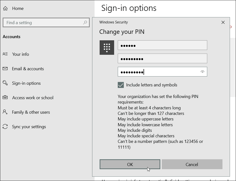 Specialūs simbolių PIN reikalavimai „Windows 10“