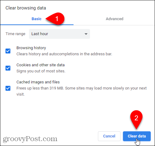 „Chrome“ skirtukas „Išvalyti naršymo duomenų dialogo langą“