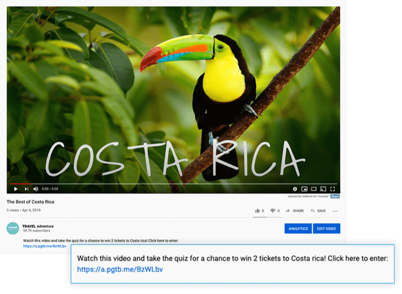 paryškintas „YouTube“ vaizdo įrašo aprašymas su pasiūlymu žiūrėti vaizdo įrašą ir dalyvauti viktorinoje, norintiems laimėti 2 bilietus į Kosta Riką