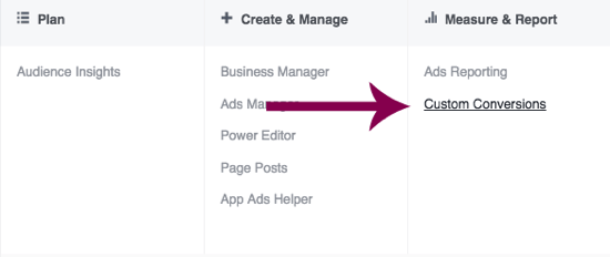 „Facebook Ads Manager“ eikite į tinkintas konversijas.