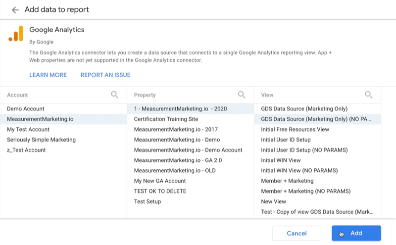 pavyzdys sukurkite „Google Data Studio“ tuščią ataskaitą pridėkite duomenis, kad pateiktumėte ataskaitą „Google Analytics“ jungties meniu parinktis, kad pasirinktumėte, iš kurios „Google“ paskyros norite gauti duomenis