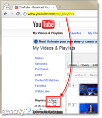 sukurkite naują grojaraščių sąrašą „YouTube“ iš vaizdo įrašų ir grojaraščių puslapio