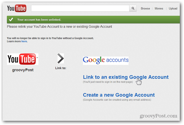 Susiekite „YouTube“ paskyrą su nauja „Google“ paskyra - spustelėkite Susieti su esama paskyra