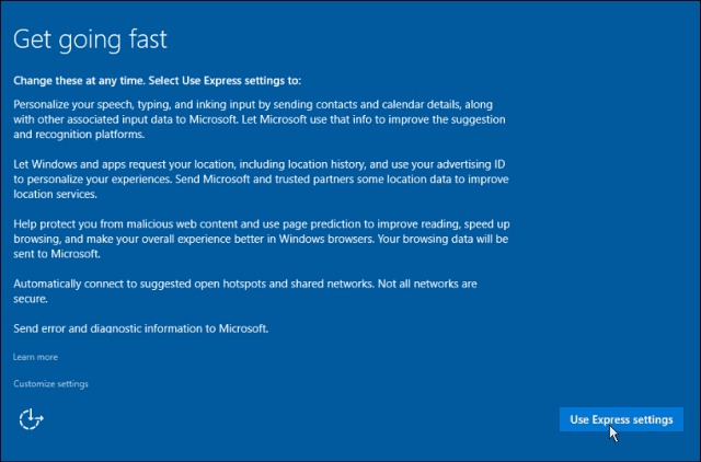 „Express“ nustatymai „Windows 10“