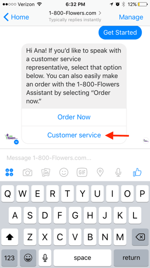 „1-800-Flowers“ suteikia klientams galimybę susisiekti su tiesioginiu agentu, kuris gali pasiūlyti individualizuotą pagalbą.
