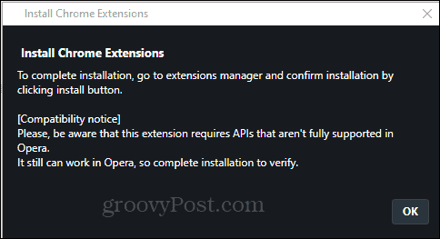 „Opera“ įdiekite „Chrome“ plėtinio diegimo patvirtinimą