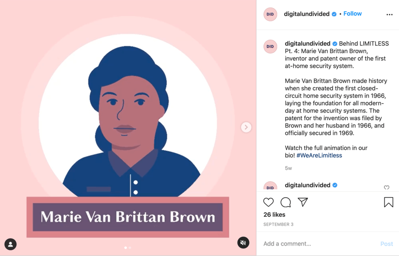 „mp4“ įrašo fragmento, pasidalinto „instagram“, pavyzdys, pabrėžiant marie van brittan brown kaip pt. 4 serijoje #wearelimitless