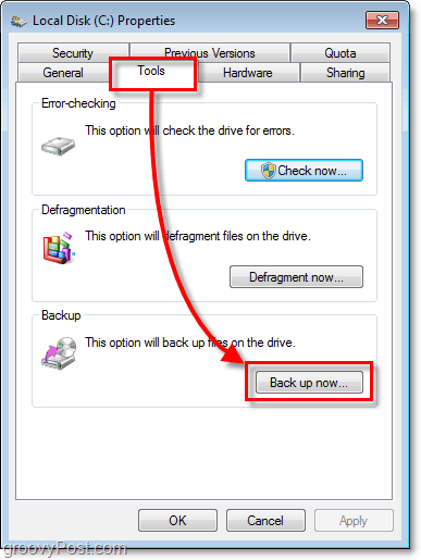 „Windows 7“ atsarginė kopija - ypatybių skirtukas „Įrankiai“ ir mygtukas Kurti atsarginę kopiją dabar