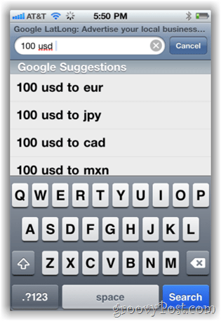 „Google.com“ valiutų keitiklis „iPhone Mobile“