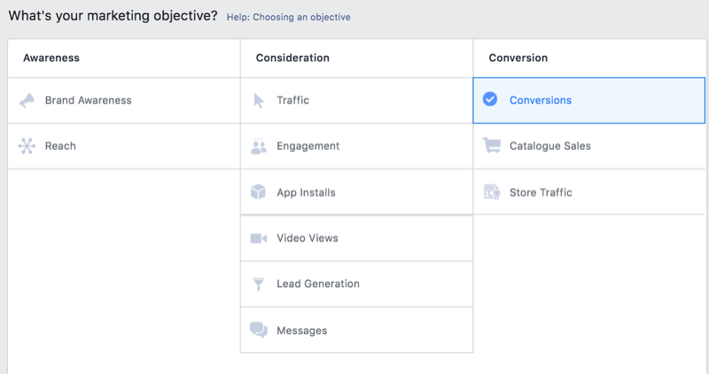 „Facebook“ skelbimų tvarkyklės parinktis pasirinkti konversijas kaip rinkodaros tikslą