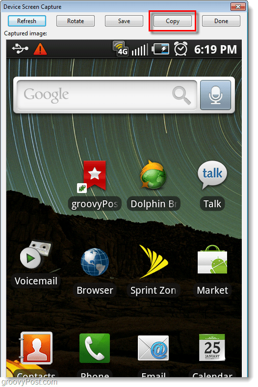 „Android“ ekrano kopija, užfiksuota kompiuteryje
