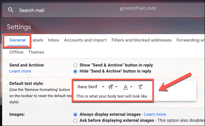 Numatytųjų šrifto stiliaus nustatymų keitimas sistemoje „Gmail“.