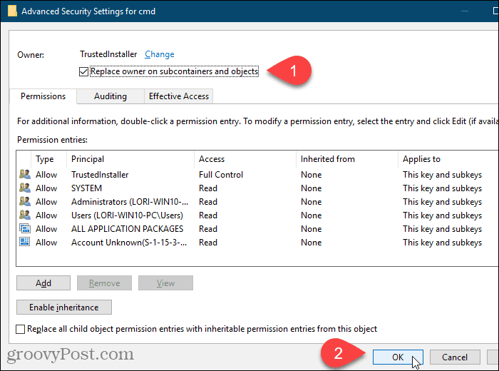 Pažymėkite langelį Pakeisti savininką ant subkonteinerių ir objektų „Windows“ registro rengyklės dialogo lange „Advanced Security Settings“